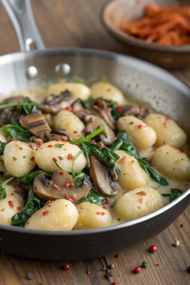 Creamy Spinach and Mushroom Gnocchi with Garlic, Smoked Paprika Cream Sauce
